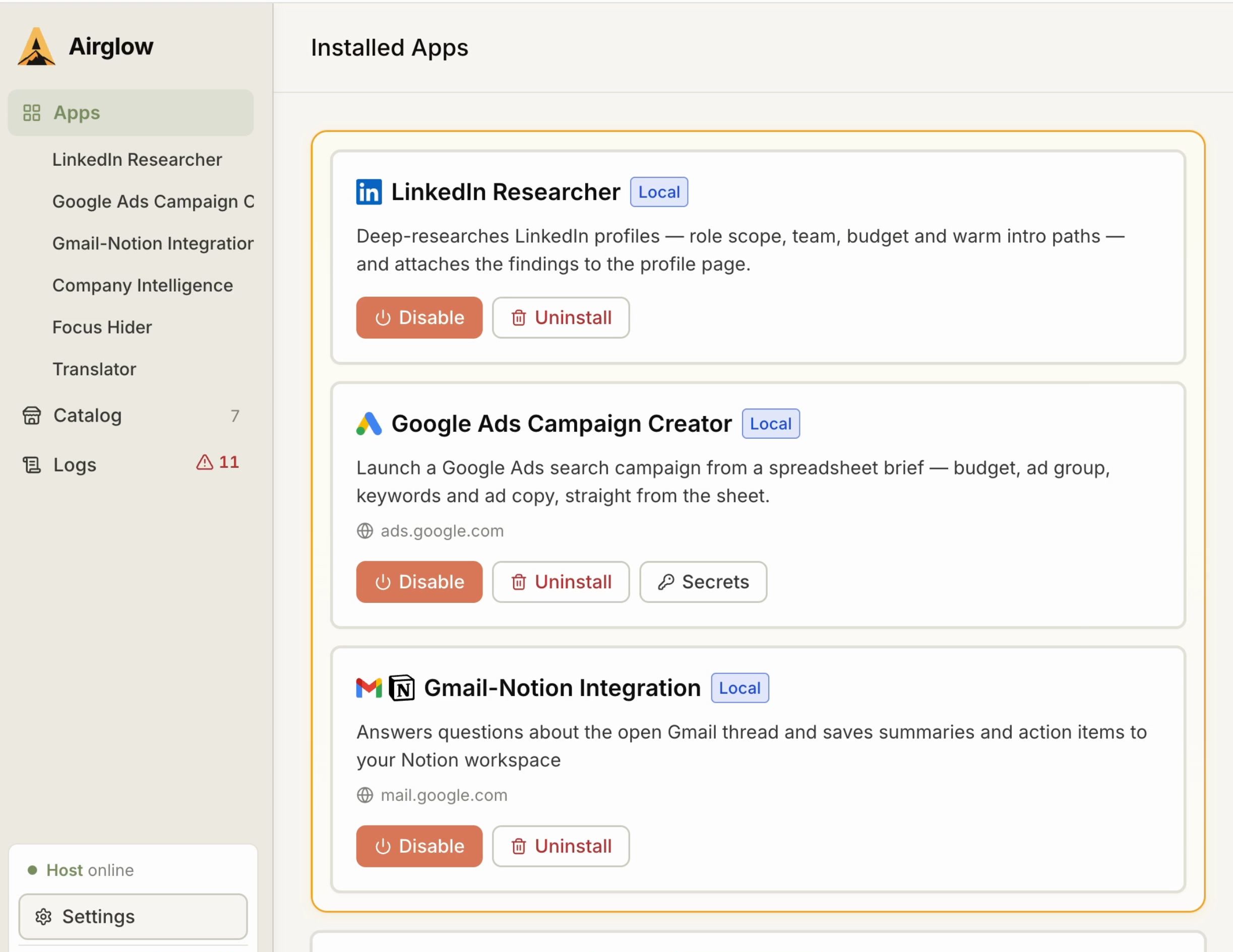 Airglow dashboard listing installed automation apps for LinkedIn, Google Ads and Gmail